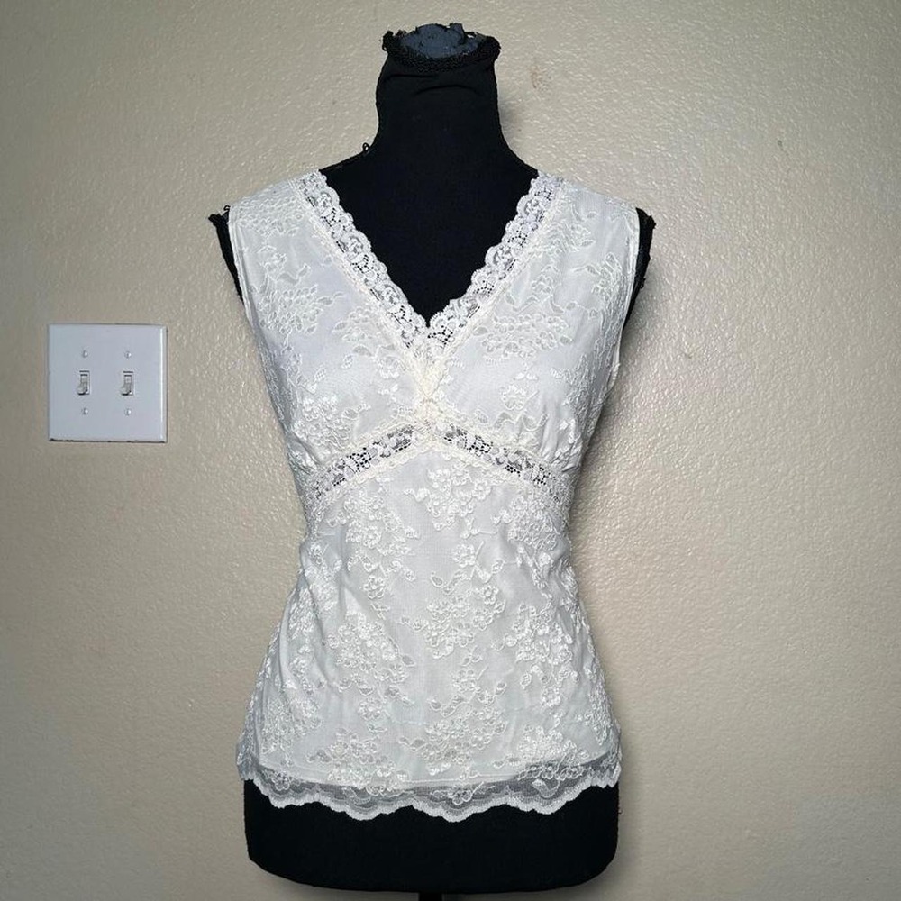 Worthington White Floral Embroidered Lace Tank Top Coquette Y2K Large